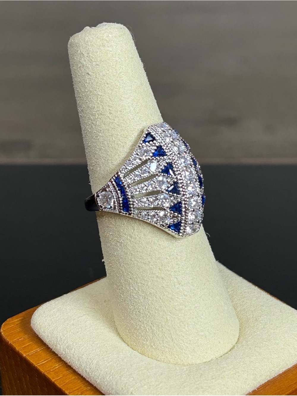 Blue Rhinestone Statement Ring Silver Tone Geometric Art Deco Cocktail Ring